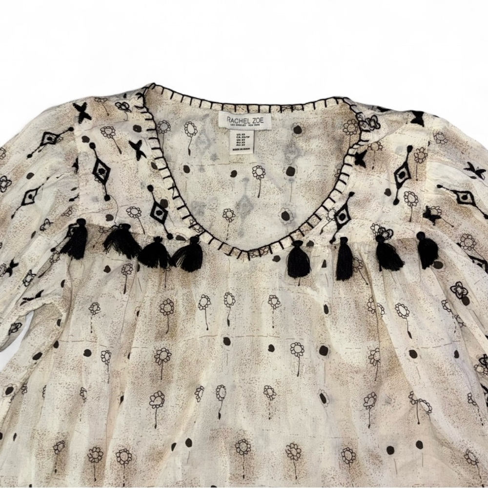 Rachel Zoe Cream Blouse with Black Embroidery & Tassels! - Picture 3 of 7